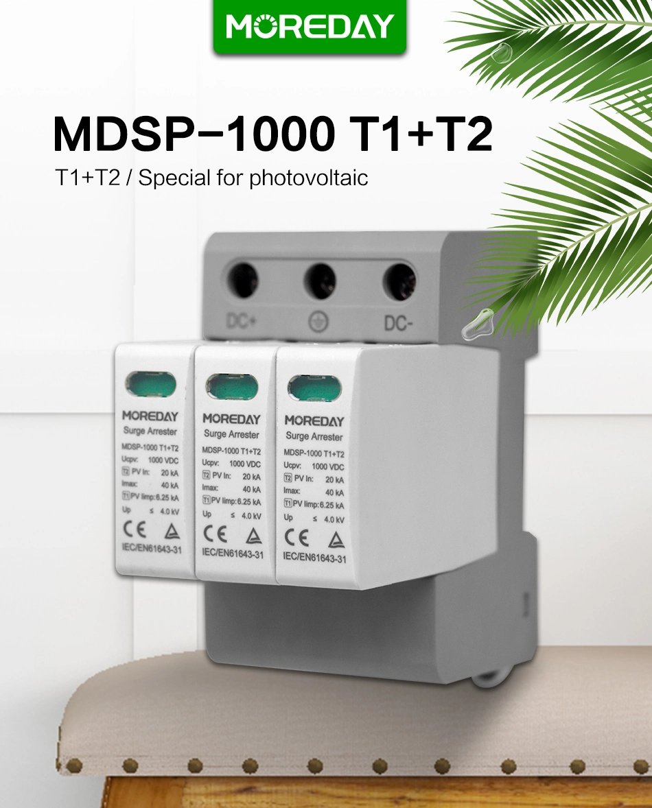 Moreday 1p 2p 3p 4p 20ka 40ka DIN Rail DC Solar Surge Protector 2 Pole 1000V DC Surge Protective Device (SPD)