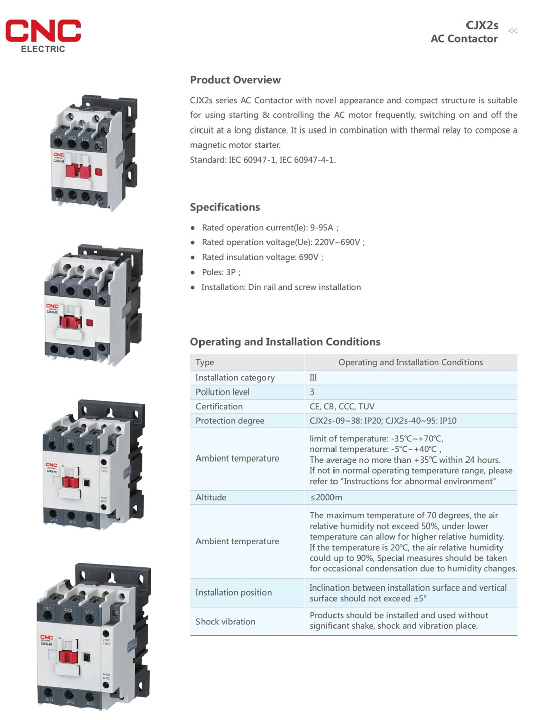 CNC Cjx2s Series 3 Pole Electrical 110V 220V 380V 50/60Hz AC Magnetic Contactor 1no 1nc 65 AMP AC Contactor