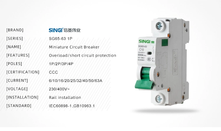 6A to 63A Singi Low Voltage Miniature Circuit Breaker with Factory Price