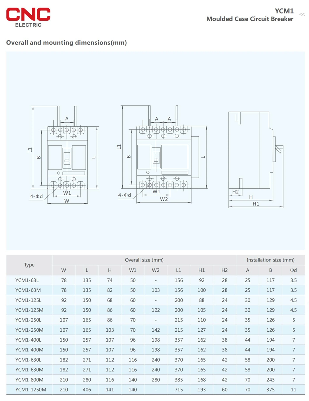 CNC Ycm1 Series MCCB Circuit Breakers 63A 100A 125A 250A 400A 630A 800A 3p 4p 400V/690V Electric Moulded Case Circuit Breakers